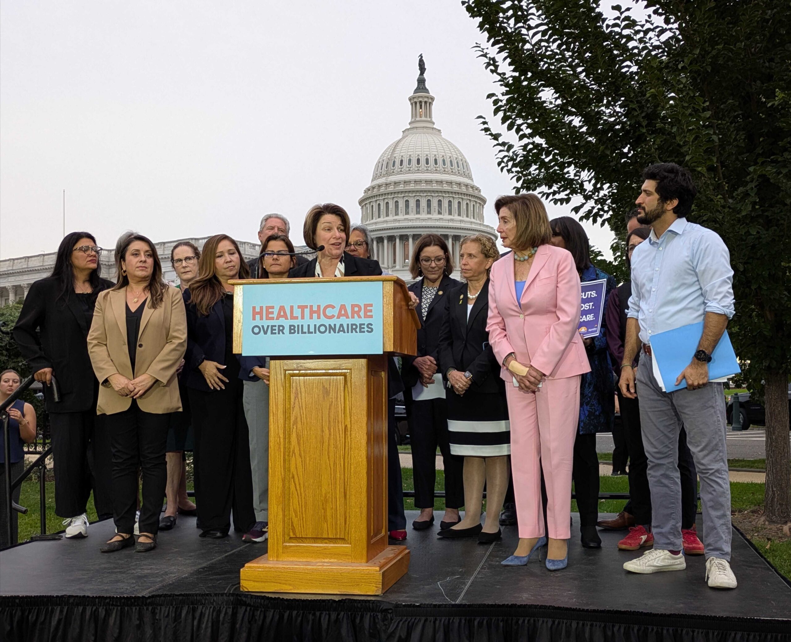 U.S. Sen. Amy Klobuchar of Minnesota speaks at a rally hosted by Fair Share America and other advocacy groups on Capitol Hill on Tuesday, Sept. 30, 2025. (Photo by Ashley Murray/States Newsroom)