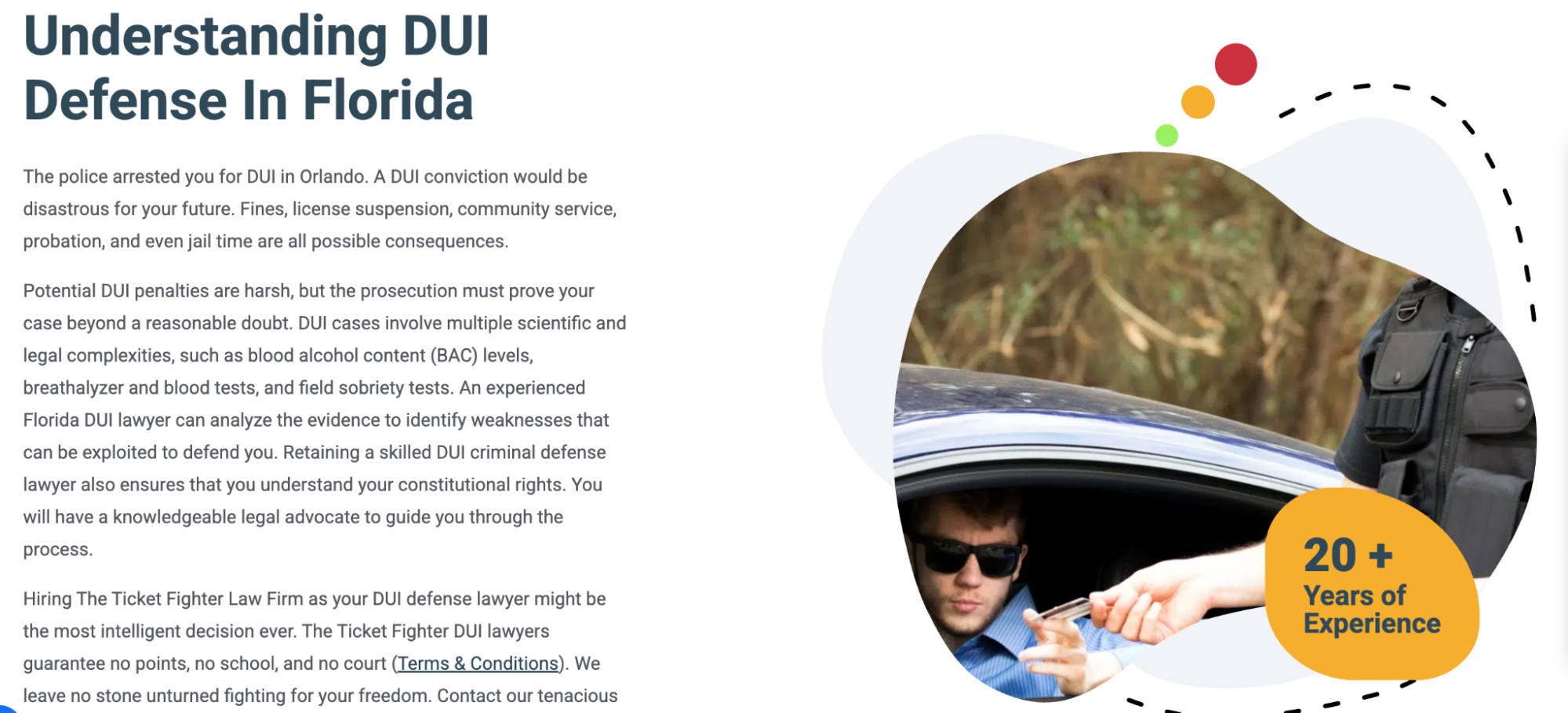 Florida DUI defense overview and experience badge.