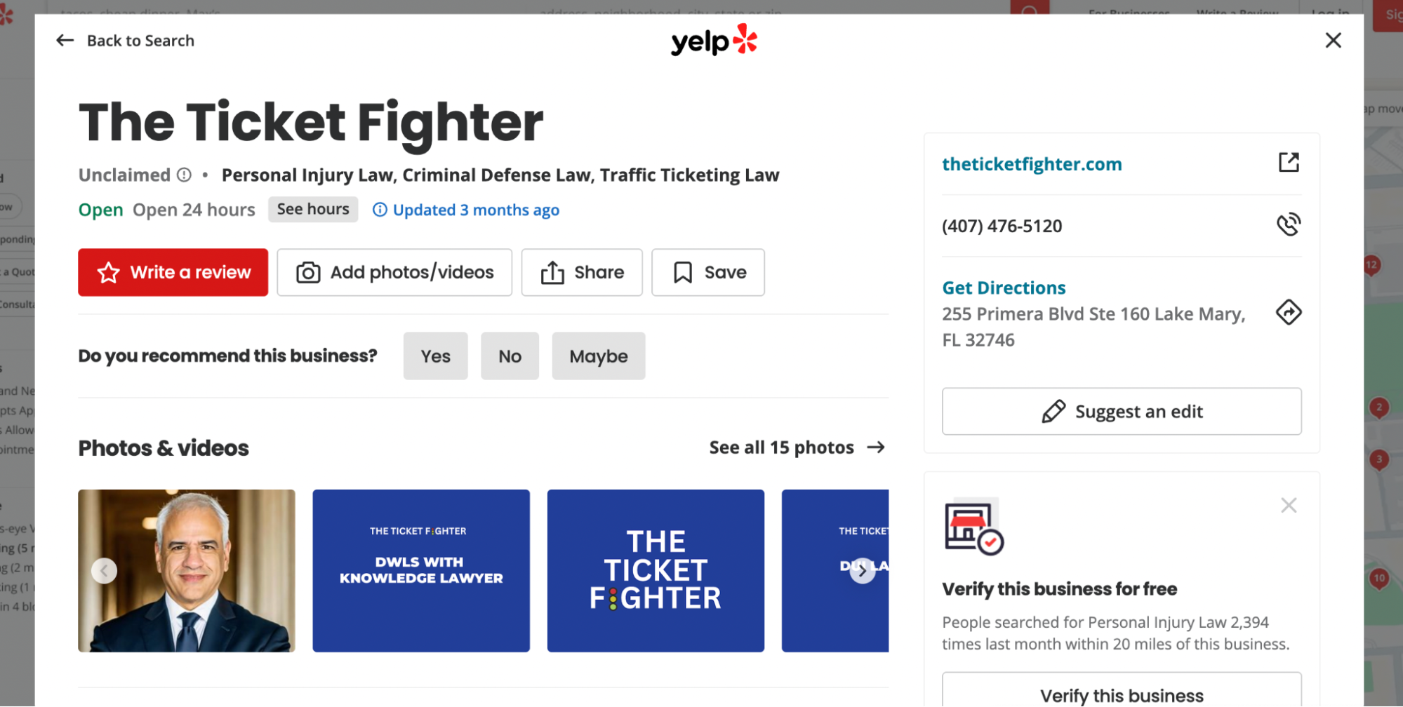 Yelp business page for The Ticket Fighter Lake Mary.