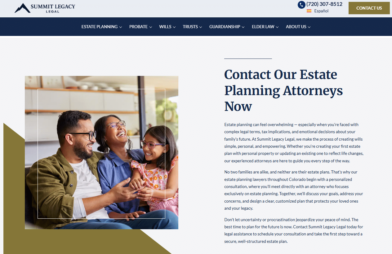 Website service grid detailing estate planning options including Durable Power of Attorney, Business Succession Planning, Special Needs Planning, Wealth Transfer, TOD Deeds, and Medicaid Planning.