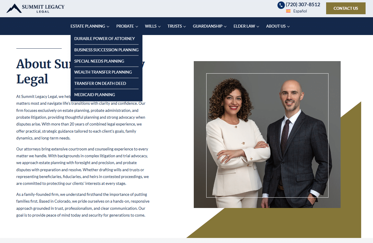 Summit Legacy Legal website homepage header featuring a happy family, navigation menu items for estate planning, and the firm's primary contact number.