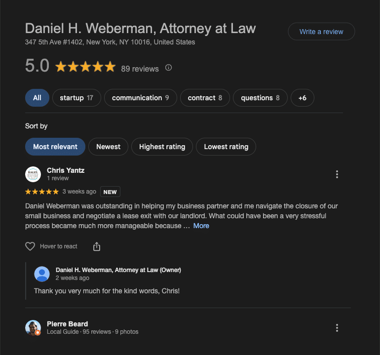 Screenshot of Google Reviews showing a 5.0-star rating with 89 reviews for Daniel H. Weberman, Attorney at Law, featuring a positive review from Chris Yantz.