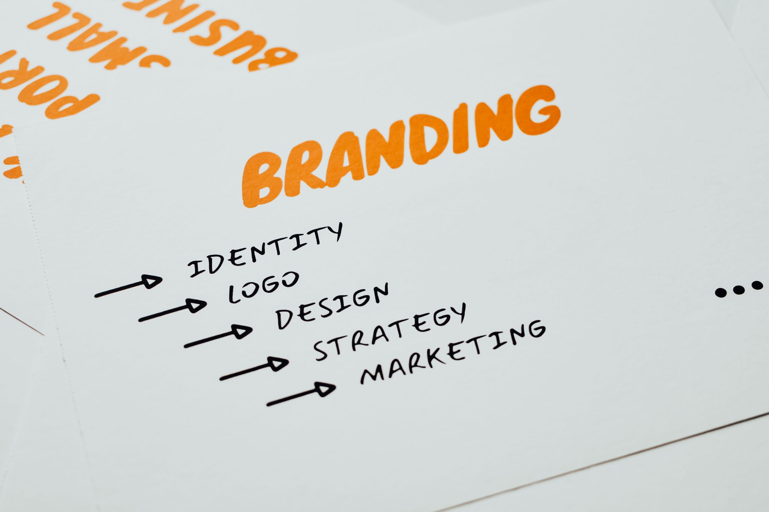 Handwritten branding list with identity, logo, design, strategy and marketing, key steps for building branded advertising.
