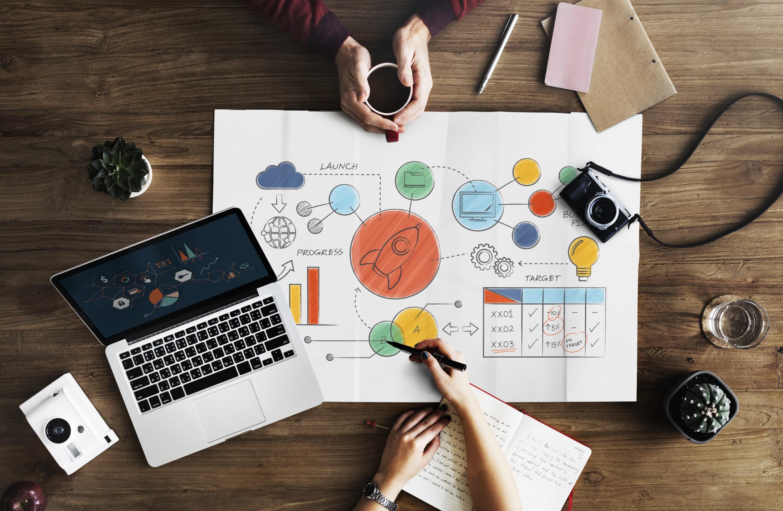 Overhead view of a desk with a laptop, camera, and hands sketching a launch plan, illustrating digital marketing.