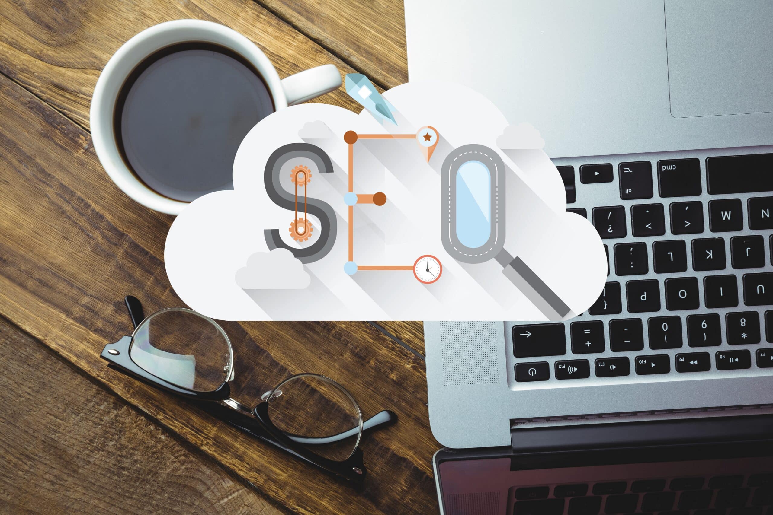 Small business SEO strategy illustrated with a cloud graphic displaying SEO letters, a magnifying glass, and a laptop.