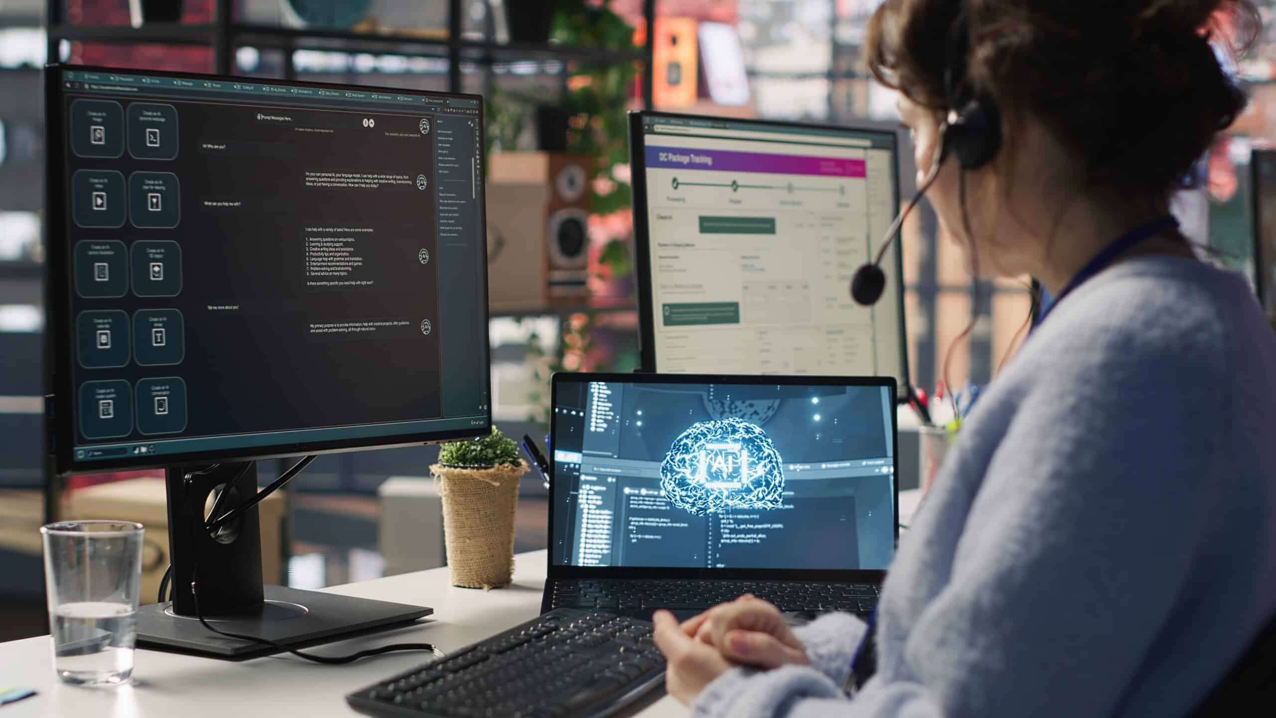 Headset-wearing agent at a desk with an AI chatbot, package tracking page and AI brain graphic, call center management tools.